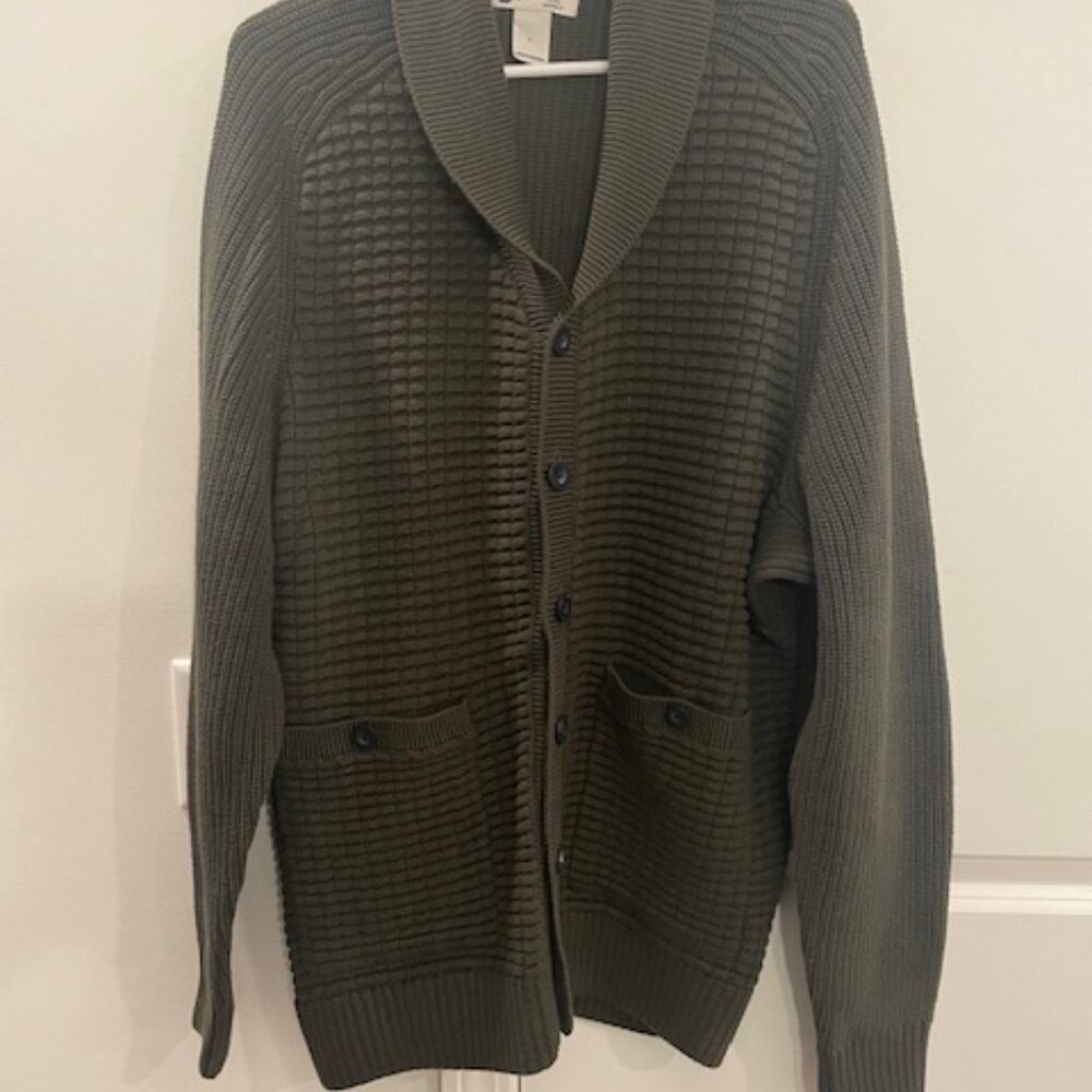 DULUTH TRADING, COTTON CARDIGAN, ARMY GREEN, LARGE